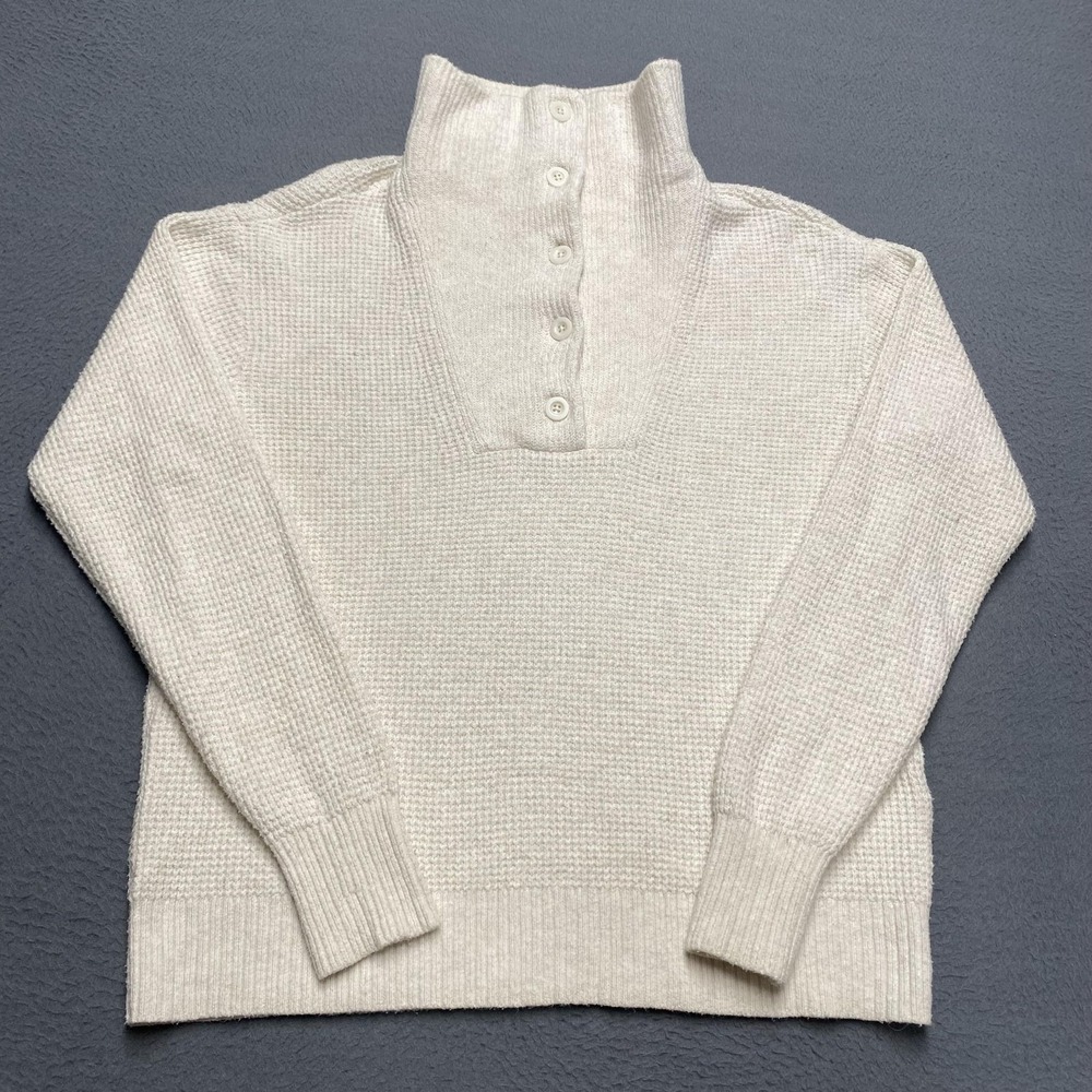 Aerie Sweater Pullover Womens XS White‎ Mock Neck Waffle-Knit Raglan Button